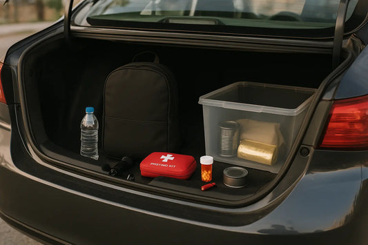 Coffre de voiture ouvert contenant un sac de survie 72h, bouteille d’eau, trousse de secours, lampe, médicaments et caisse de provisions.