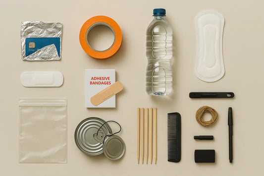 Dix objets du quotidien alignés sur fond beige, dont boîte de conserve, rouleau de scotch, stylo et pansements, suggérant des usages détournés pour la survie.