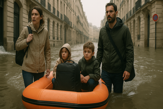 Famille fuyant une crue centennale à Paris en radeau, rues inondées, immeubles submergés, sacs noirs en bandoulière et enfants à bord.