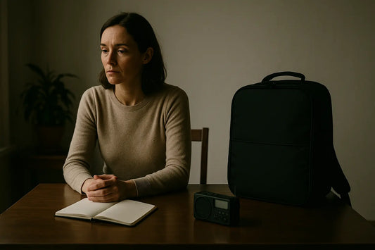 Femme assise seule dans une pièce calme, mains croisées sur un carnet ouvert, sac de survie et radio posés sur la table devant elle, en silence.