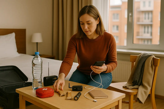Femme en déplacement assise sur un lit d’hôtel, organisant un kit de survie avec radio, eau, barres énergétiques, lampe et téléphone branché, face à une fenêtre donnant sur des immeubles urbains.