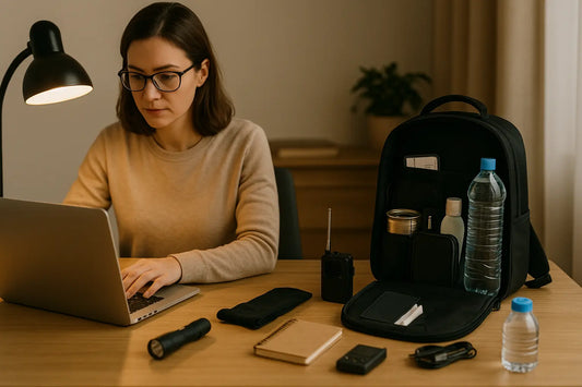 Femme en télétravail dans un bureau calme, sac de survie 72h ouvert à côté d’elle avec eau, radio, lampe, carnet, nourriture et batterie externe.