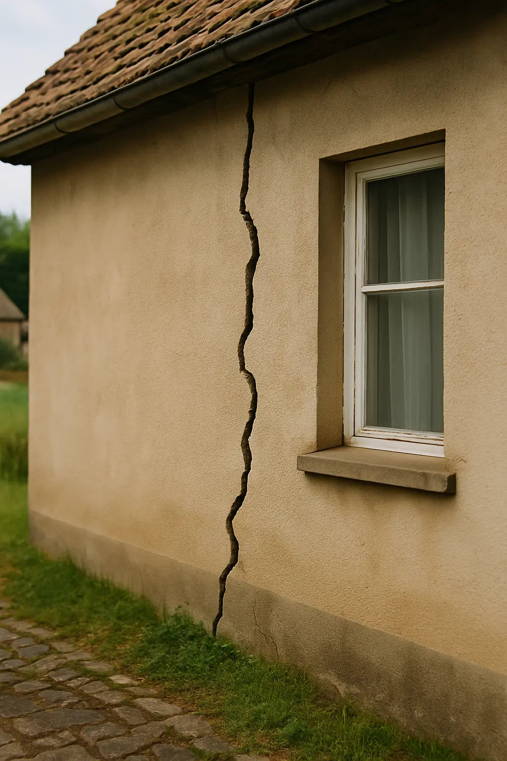 Gros plan sur une fissure verticale profonde dans un mur extérieur d’une maison ancienne, témoignant des effets du retrait-gonflement des argiles.