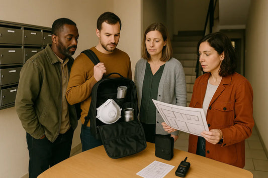 Groupe d’adultes dans un hall d’immeuble examinant un sac de survie NRBC avec masque, boîtes étanches et plan d’étage posé sur une table.