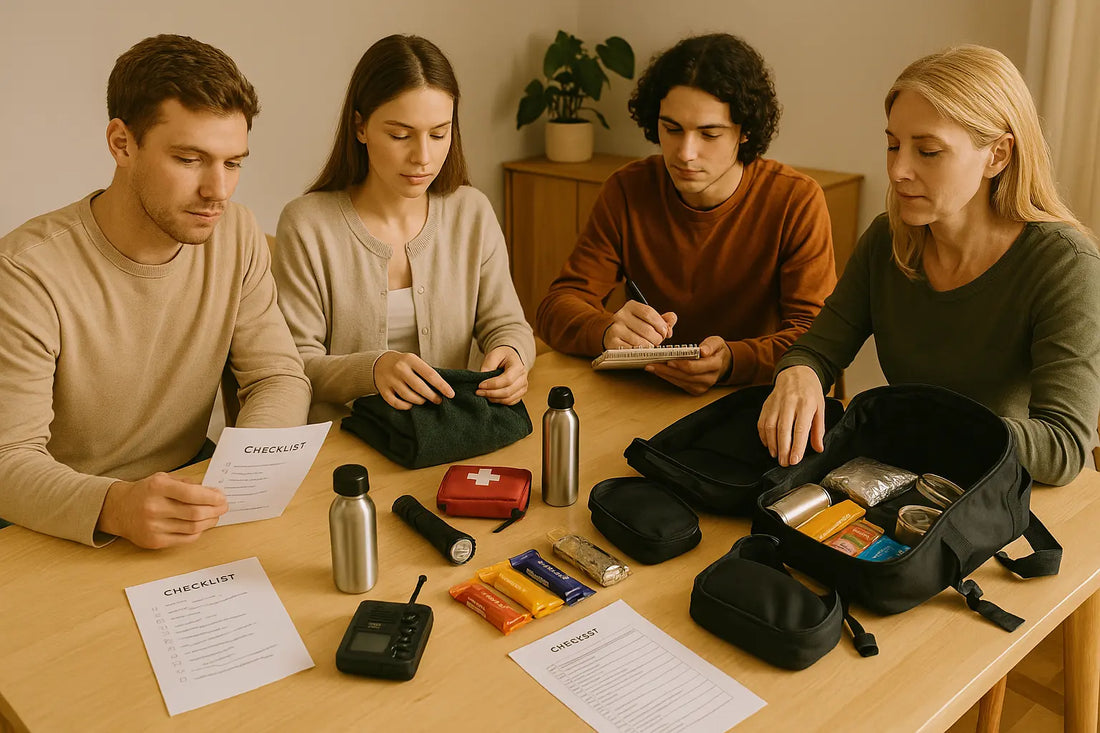 Groupe de colocataires ou membres d’une famille réunis autour d’une table pour préparer un kit de survie collectif avec sacs, nourriture, radio et checklist.
