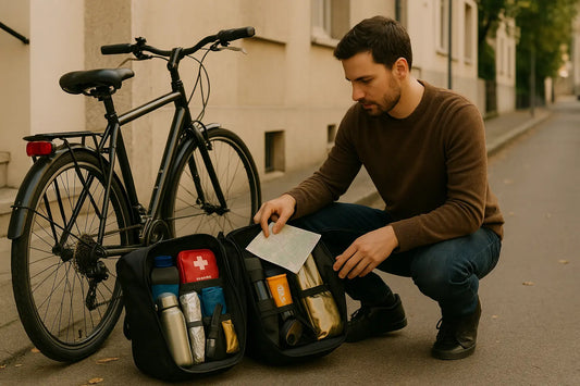 Homme accroupi sur un trottoir urbain inspectant deux sacoches de vélo ouvertes contenant une trousse de secours, une carte, de l’eau et des rations.