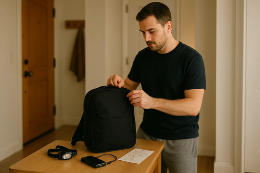 Homme dans une cuisine matinale vérifiant calmement son sac de survie posé près de la porte, tout en tenant une liste manuscrite et une lampe frontale.
