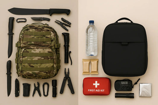 Image comparative entre un faux kit de survie rempli de gadgets inutiles dans un sac camouflage et un kit 72h sobre avec eau, trousse, lampe et radio.