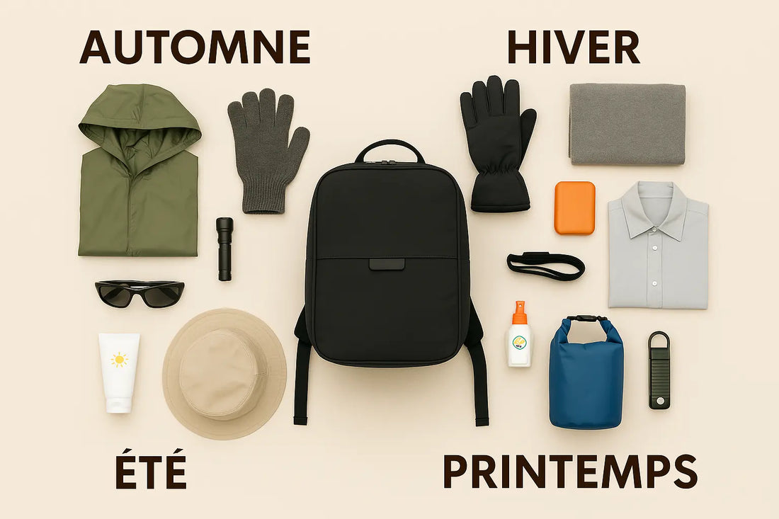 Kit de survie 72h au centre, entouré d’équipements spécifiques à chaque saison : gants, poncho, chapeau, crème solaire, couverture, insecticide.