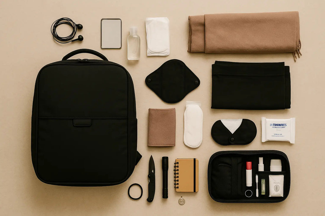 Kit de survie 72h pensé pour femme sac noir entouré de leggings, châle, protections menstruelles, trousse hygiène, miroir, carnet, couteau et écouteurs.