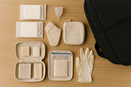 Kit menstruel posé à côté d’un sac de survie 72h  serviettes hygiéniques, culotte menstruelle, cup en pochette, gant, gel intime et sac étanche.