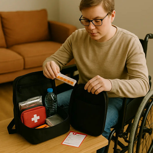 Personne en fauteuil roulant préparant un sac de survie posé sur une table, avec pilulier, trousse de soins, bouteille d’eau et fiche médicale visibles.