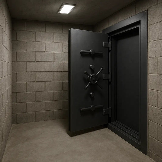 Pièce sécurisée artisanale avec murs en parpaings gris, sol en béton et porte blindée noire équipée de verrous renforcés et poignée rotative centrale.
