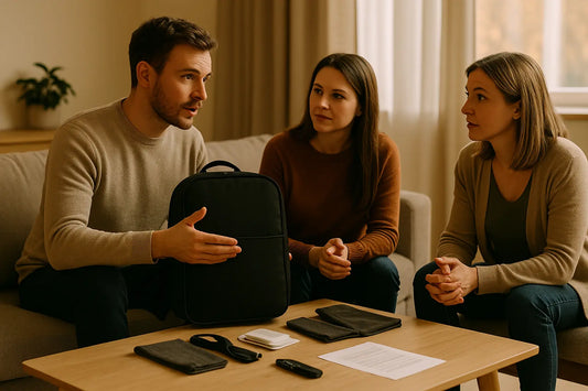 Pourquoi se préparer ? Scène de dialogue en intérieur autour d’un sac de survie, dans une ambiance familiale posée et sans dramatisation.