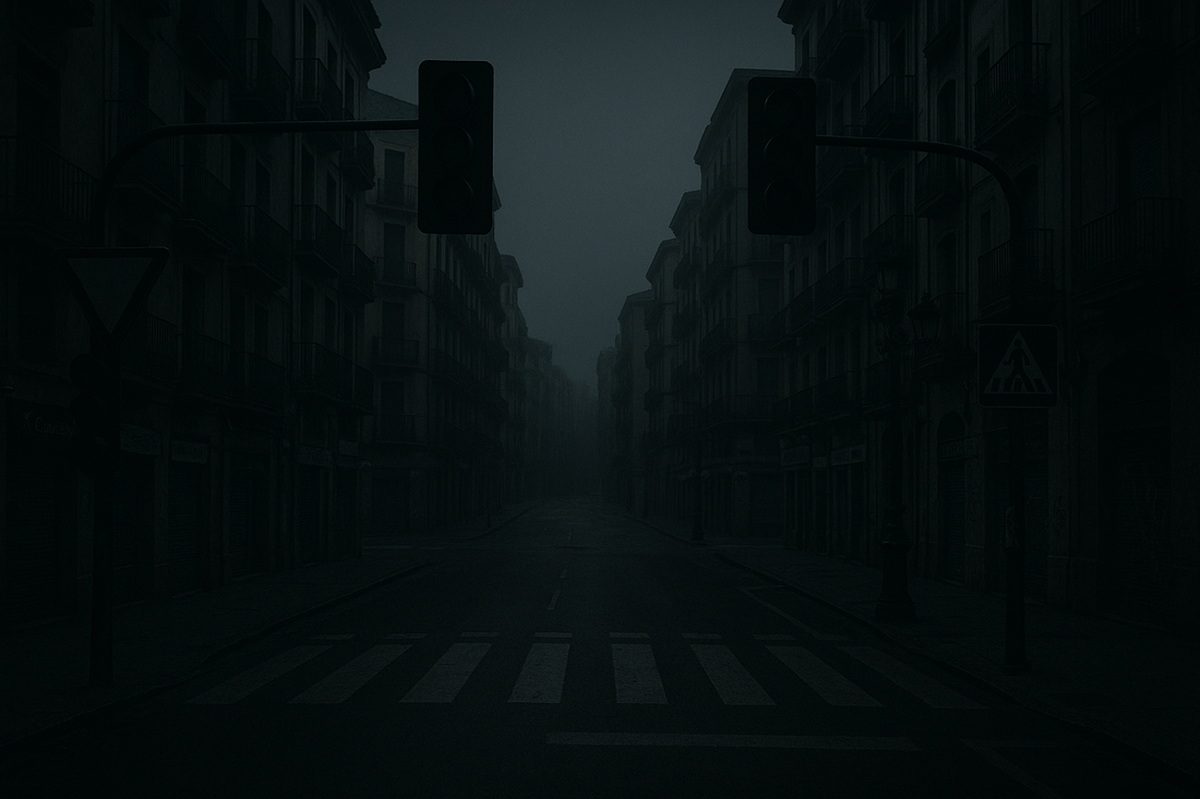 Rue urbaine déserte en Espagne plongée dans l'obscurité après une coupure d'électricité massive, avec feux de circulation éteints et passants désorientés.
