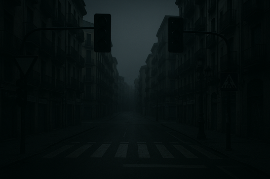 Rue urbaine déserte en Espagne plongée dans l'obscurité après une coupure d'électricité massive, avec feux de circulation éteints et passants désorientés.