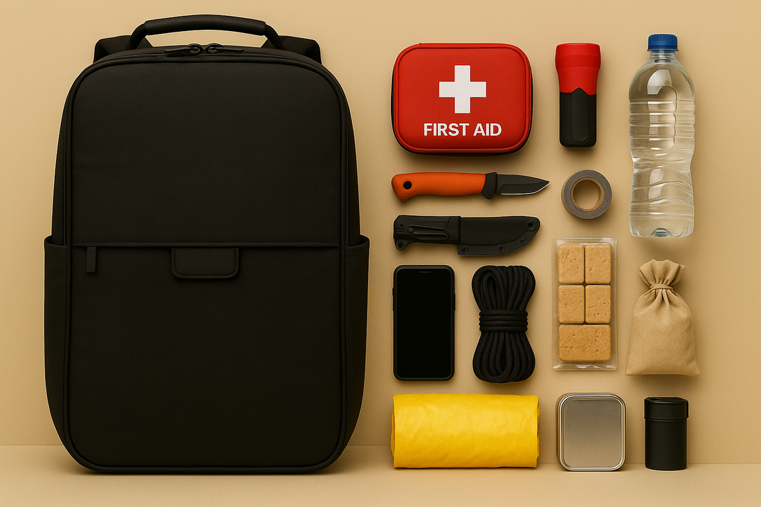 Sac de survie noir 72 h posé à plat, entouré d’équipements essentiels  trousse de secours, eau, lampe, couteau, nourriture, corde.