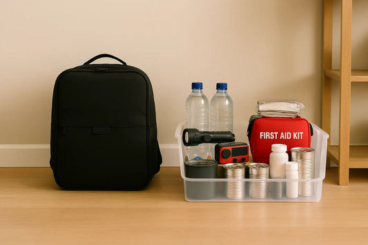 Deux kits de survie côte à côte : sac 72h prêt à emporter et caisse de stockage domestique avec eau, conserves, lampe, radio et trousse de secours.