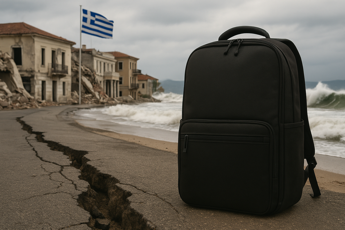 séisme en Grèce avec alerte tsunami : fissure au sol, bâtiments endommagés, vagues et sac de survie 72h en évidence.