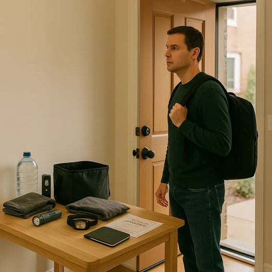 Homme debout près d’une porte d’entrée entrouverte, tenant un sac de survie, hésitant entre rester à l’intérieur ou évacuer vers l’extérieur lumineux.
