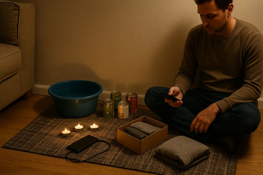 Installation de survie improvisée dans un salon  bassine d’eau, quelques conserves, bougie, téléphone sur batterie externe et vêtements pliés au sol.