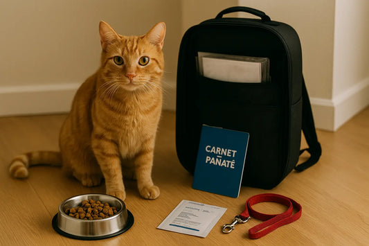 Kit de survie animaux : chat assis à côté d’un sac 72h ouvert contenant gamelle, carnet de santé et accessoires essentiels