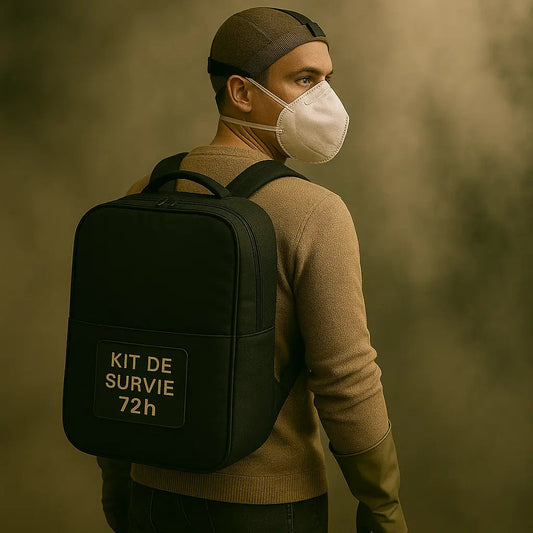 Personne de dos dans une brume verdâtre, sac de survie 72h sur le dos et masque à gaz, incarnant la préparation NRBC en silence.