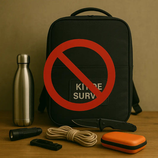 Quoi ne pas mettre dans un kit de survie : visuel d’un sac 72h avec objets déconseillés signalés par un symbole d’interdiction rouge.