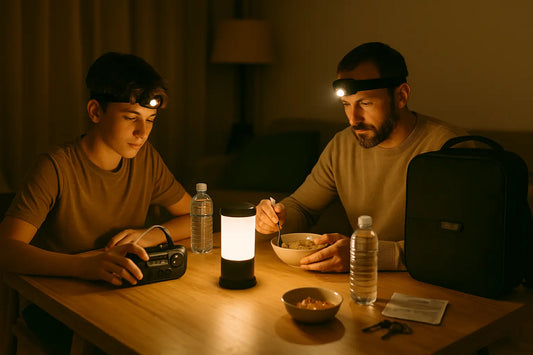 Un père et son fils testent leur kit de survie à la maison  dîner sans électricité, lampe frontale, radio à manivelle et sac visible en arrière-plan.
